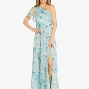 Adrianna Papell FLORAL-PRINT ONE-SHOULDER ORGANZA LONG DRESS